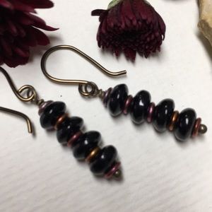Black glass dainty earrings burgundy spacers